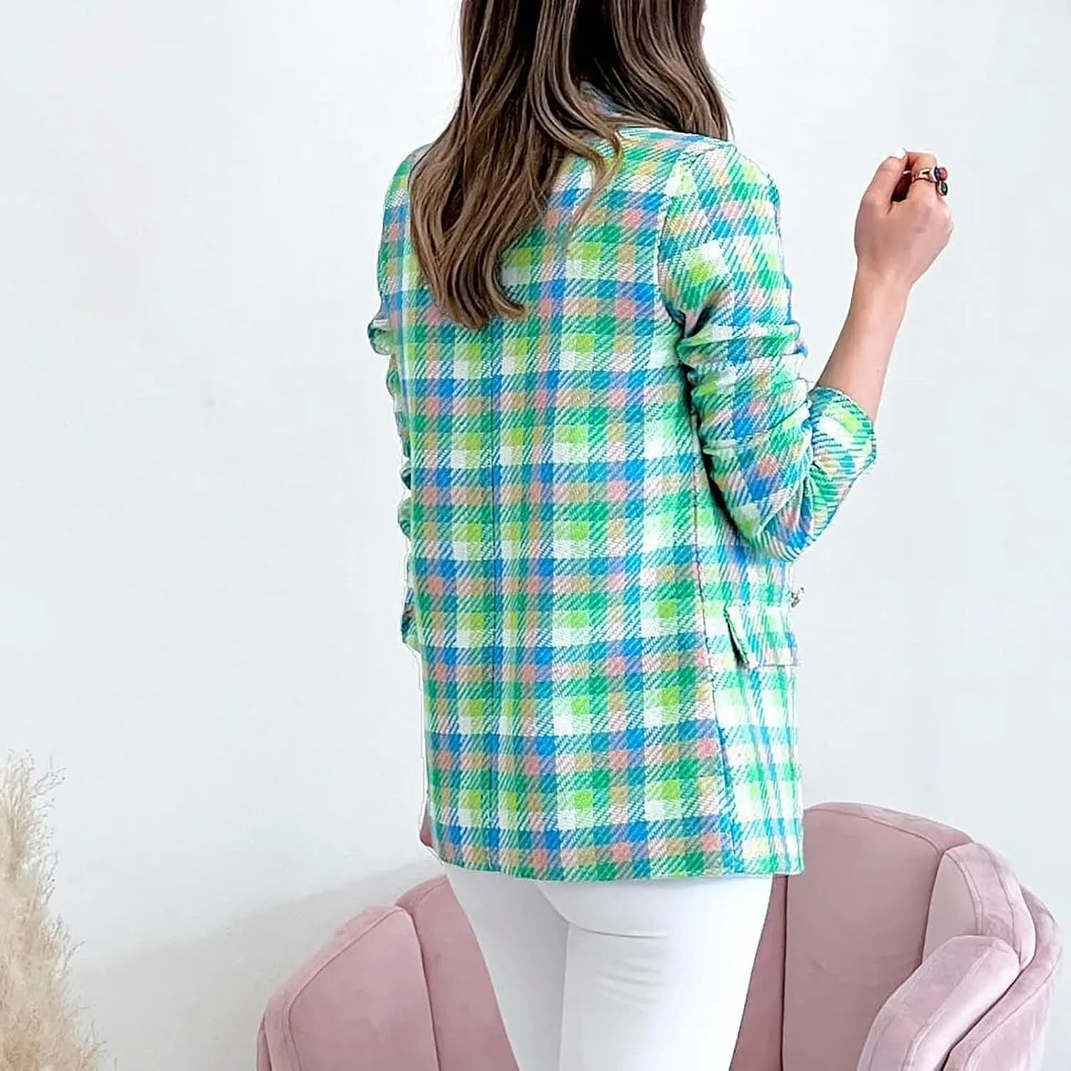 Womens Blazer Suit Open Front Cardigan Plaid Printed Coats Jackets Casual Work Office Blazer Smart Formal Jacket Top
