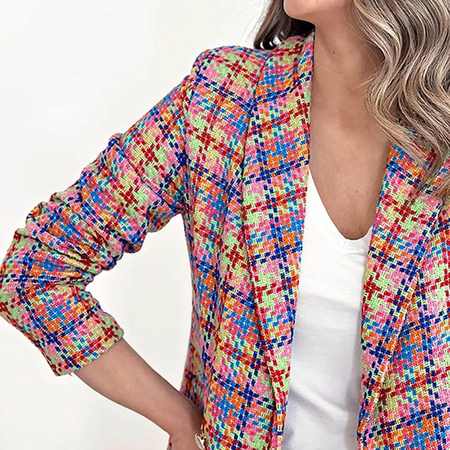 Womens Blazer Suit Open Front Cardigan Plaid Printed Coats Jackets Casual Work Office Blazer Smart Formal Jacket Top