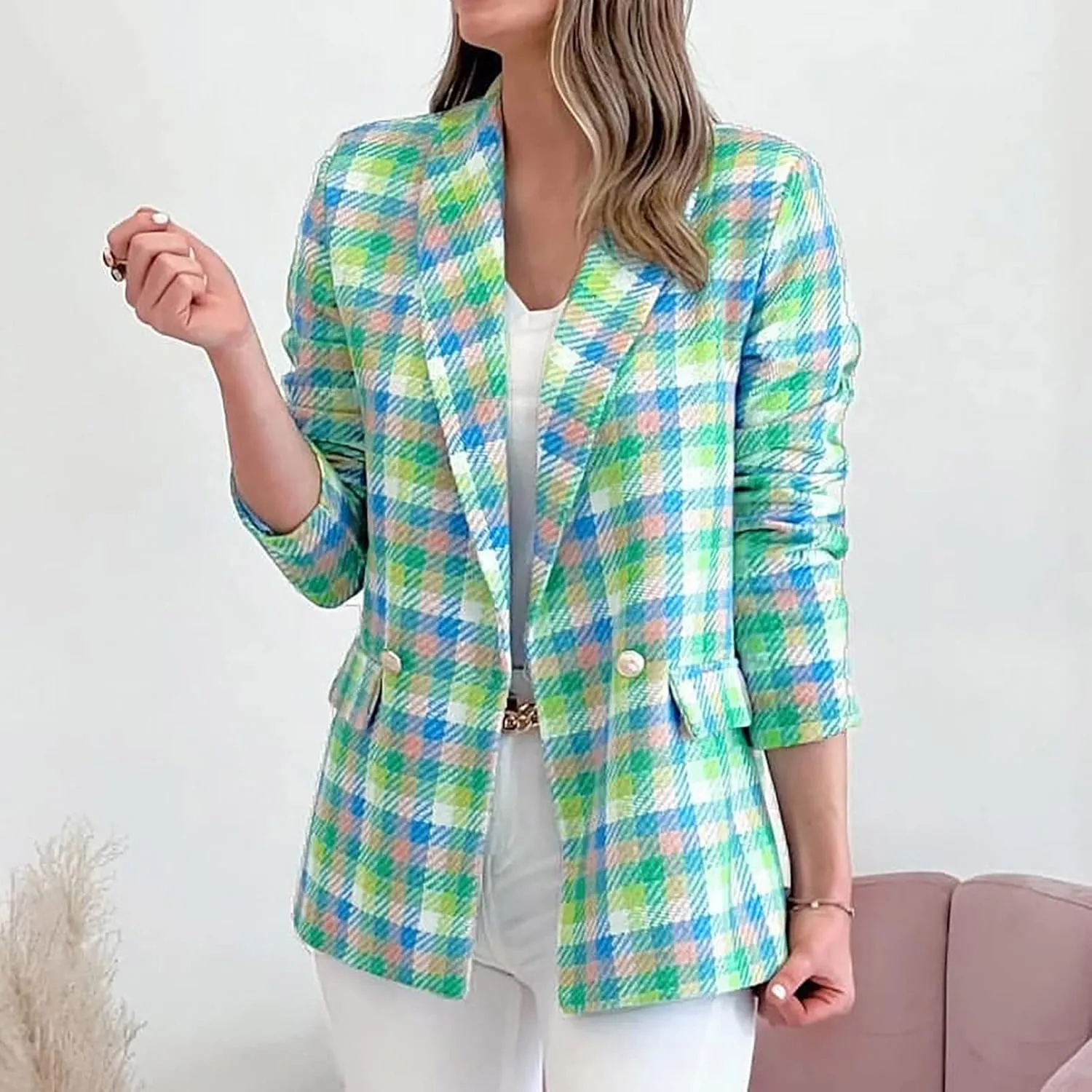 Womens Blazer Suit Open Front Cardigan Plaid Printed Coats Jackets Casual Work Office Blazer Smart Formal Jacket Top