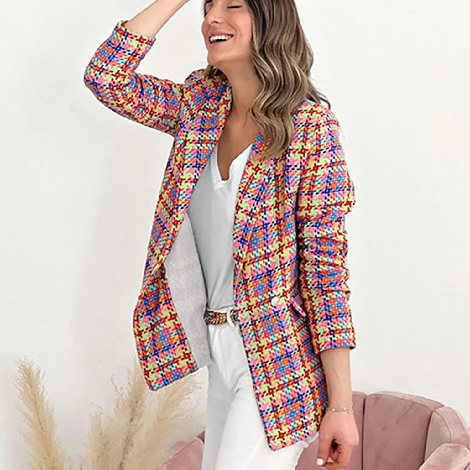 Womens Blazer Suit Open Front Cardigan Plaid Printed Coats Jackets Casual Work Office Blazer Smart Formal Jacket Top