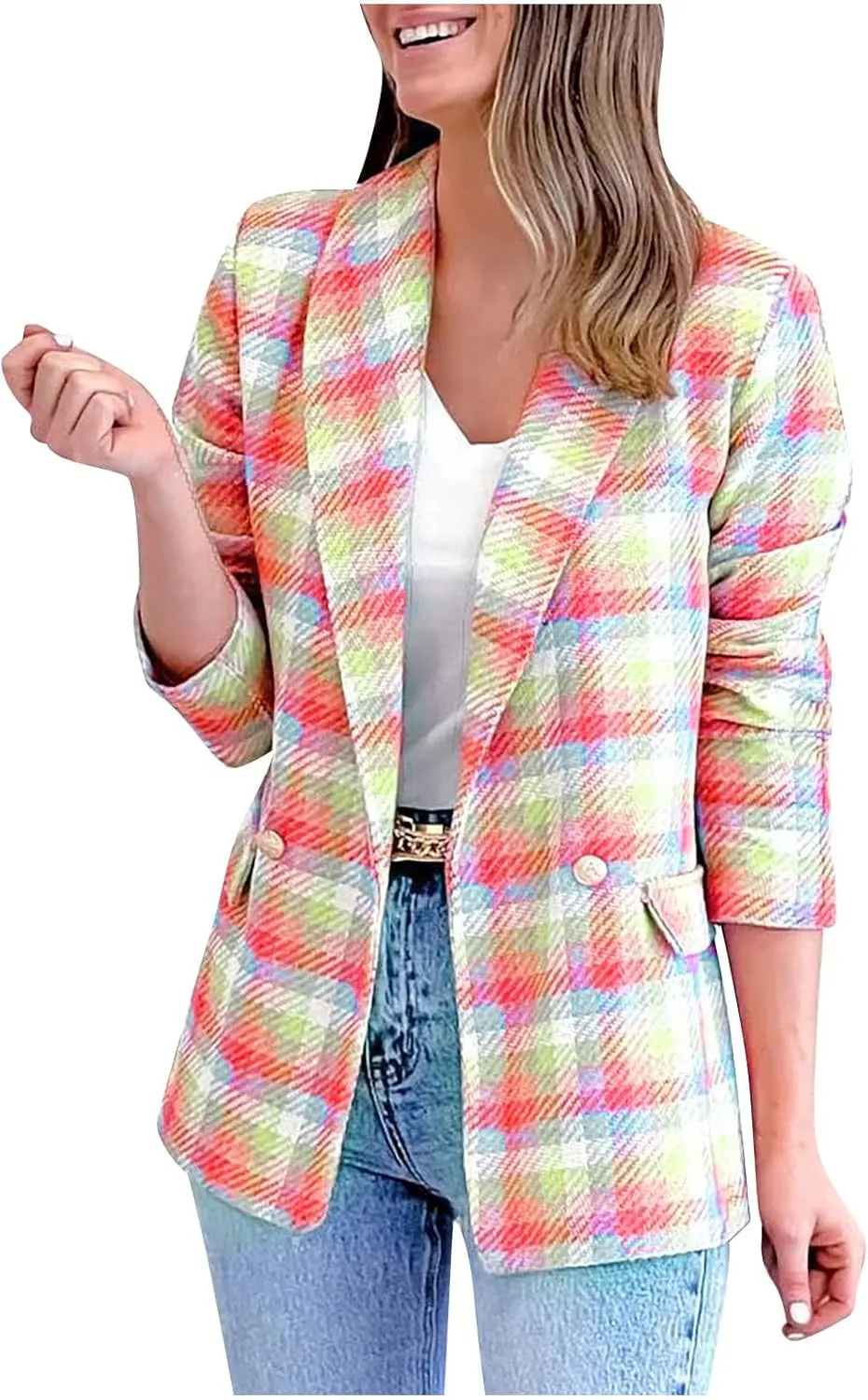 Womens Blazer Suit Open Front Cardigan Plaid Printed Coats Jackets Casual Work Office Blazer Smart Formal Jacket Top