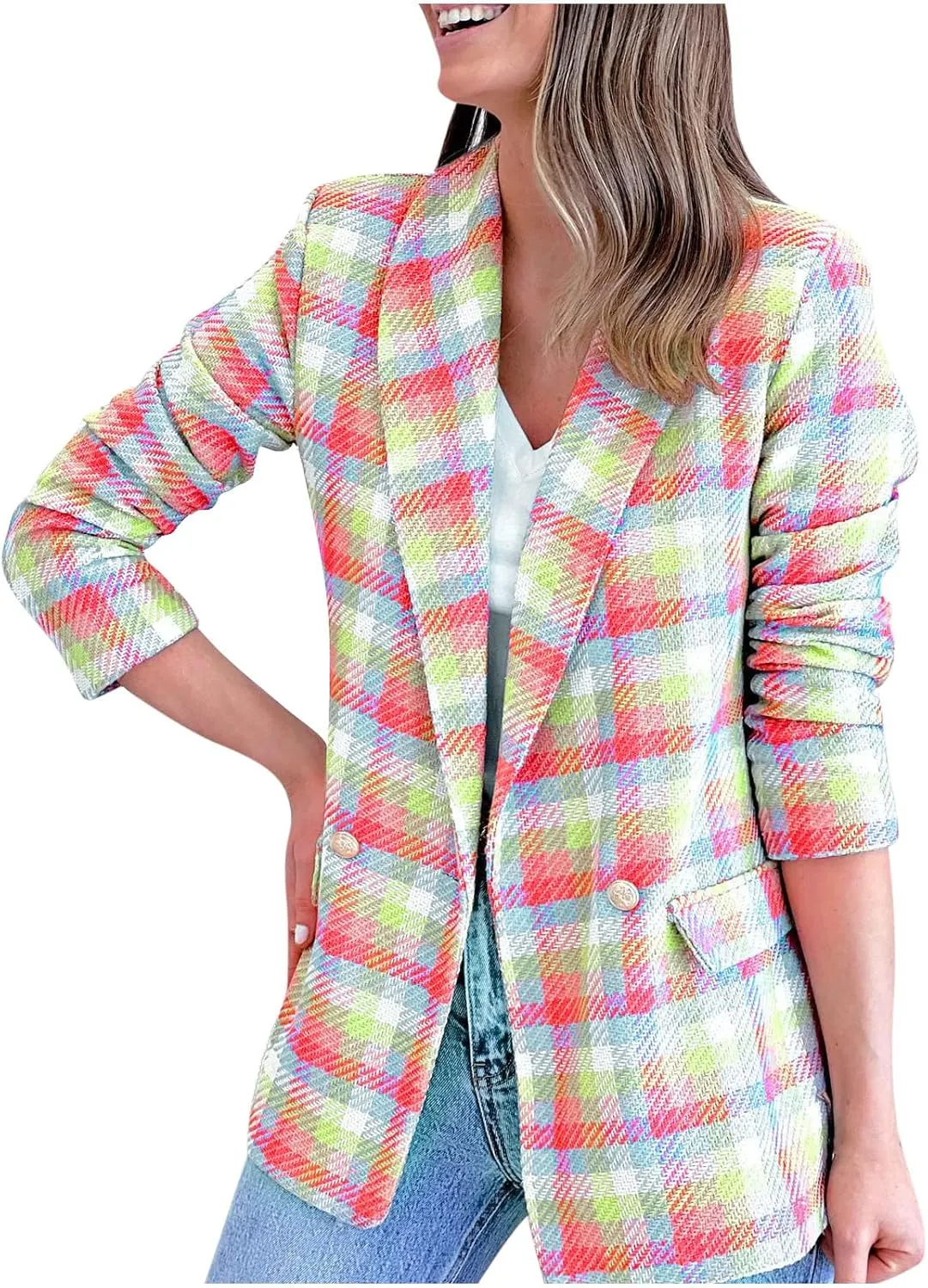 Womens Blazer Suit Open Front Cardigan Plaid Printed Coats Jackets Casual Work Office Blazer Smart Formal Jacket Top