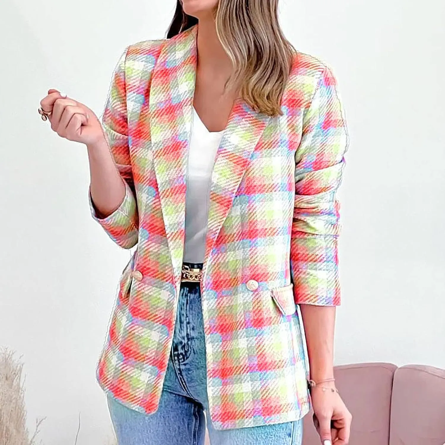 Womens Blazer Suit Open Front Cardigan Plaid Printed Coats Jackets Casual Work Office Blazer Smart Formal Jacket Top