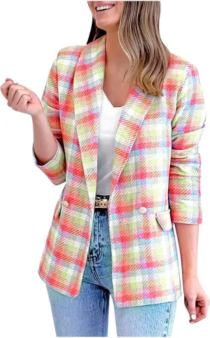 Womens Blazer Suit Open Front Cardigan Plaid Printed Coats Jackets Casual Work Office Blazer Smart Formal Jacket Top