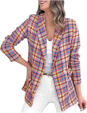 Womens Blazer Suit Open Front Cardigan Plaid Printed Coats Jackets Casual Work Office Blazer Smart Formal Jacket Top