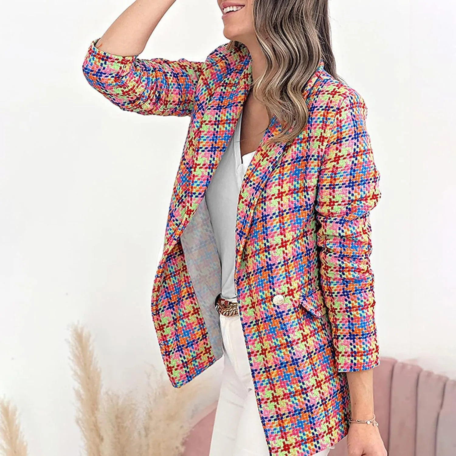 Womens Blazer Suit Open Front Cardigan Plaid Printed Coats Jackets Casual Work Office Blazer Smart Formal Jacket Top
