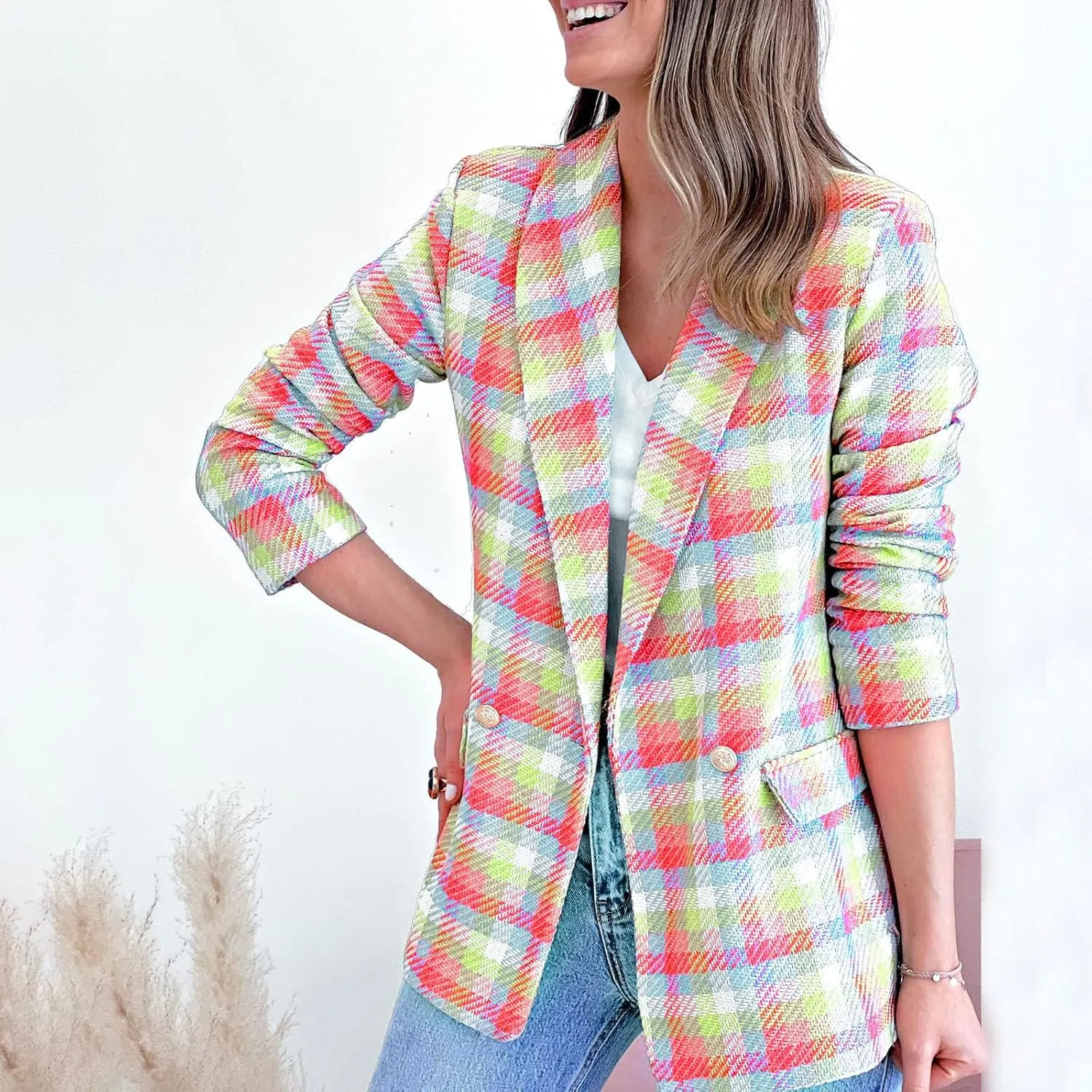 Womens Blazer Suit Open Front Cardigan Plaid Printed Coats Jackets Casual Work Office Blazer Smart Formal Jacket Top