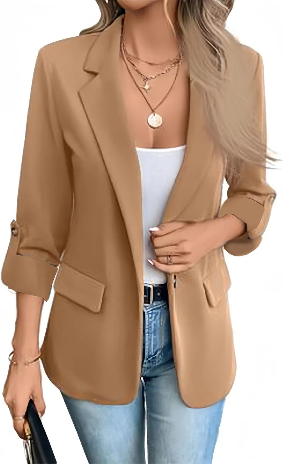 Womens Blazers Casual Lapel One Button Open Front 3/4 Sleeve Jackets Business Lightweight Plain Office Suit Jackets