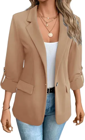 Womens Blazers Casual Lapel One Button Open Front 3/4 Sleeve Jackets Business Lightweight Plain Office Suit Jackets