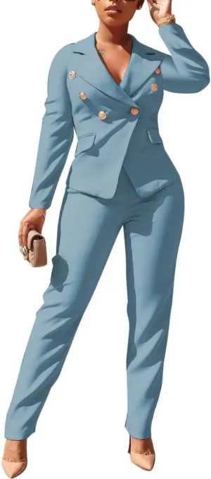 Women's Business Blazer Suit Long Sleeves Two Piece Solid Work Pant Suit Business Office Lady Suits Sets