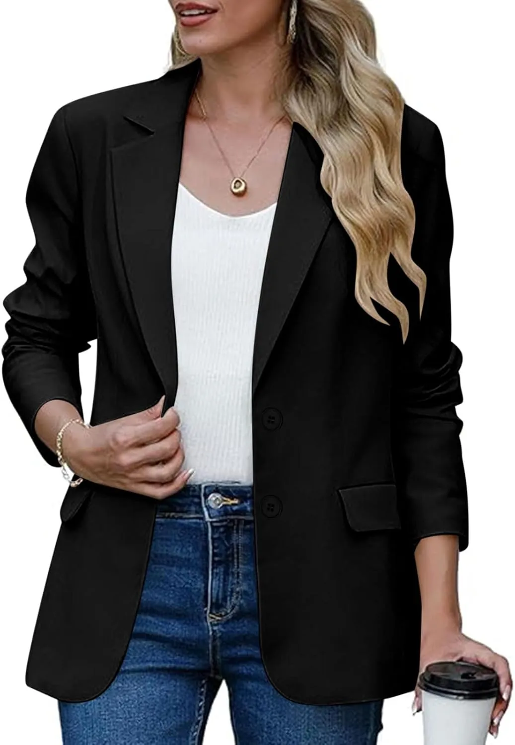 Womens Bussiness Casual Blazers Button Open Front Long Sleeve Work Office Suit Jacket Fall Lapel Lightweight Outwear