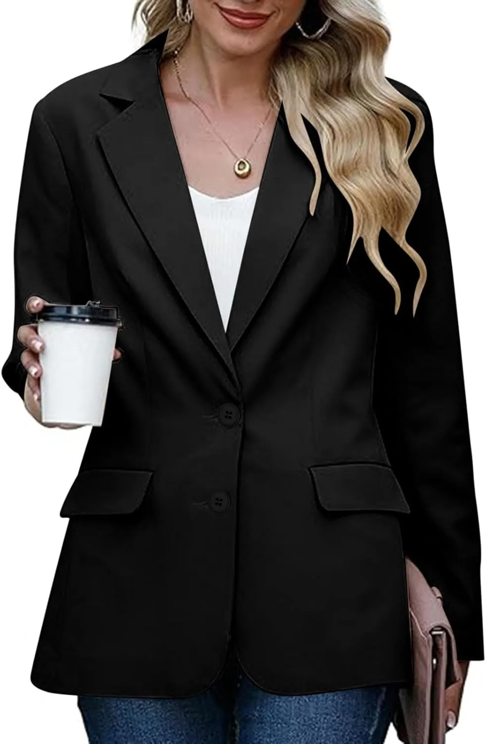 Womens Bussiness Casual Blazers Button Open Front Long Sleeve Work Office Suit Jacket Fall Lapel Lightweight Outwear