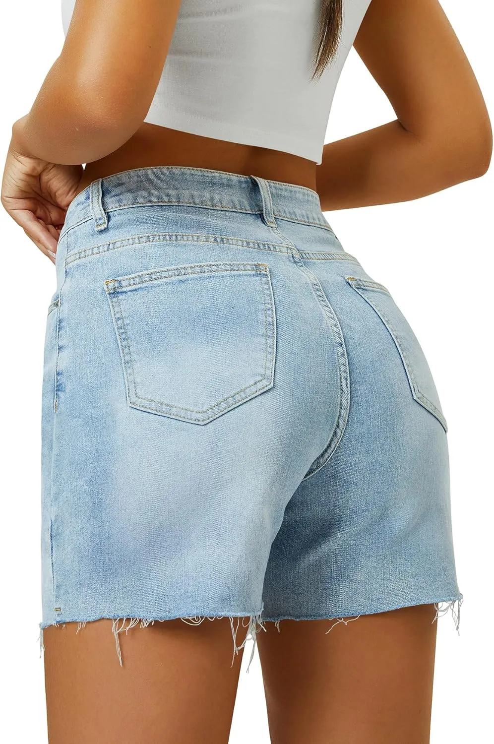Womens Cargo Jean Shorts High Waisted Microelastic Straight Leg Long Denim Mom Shorts