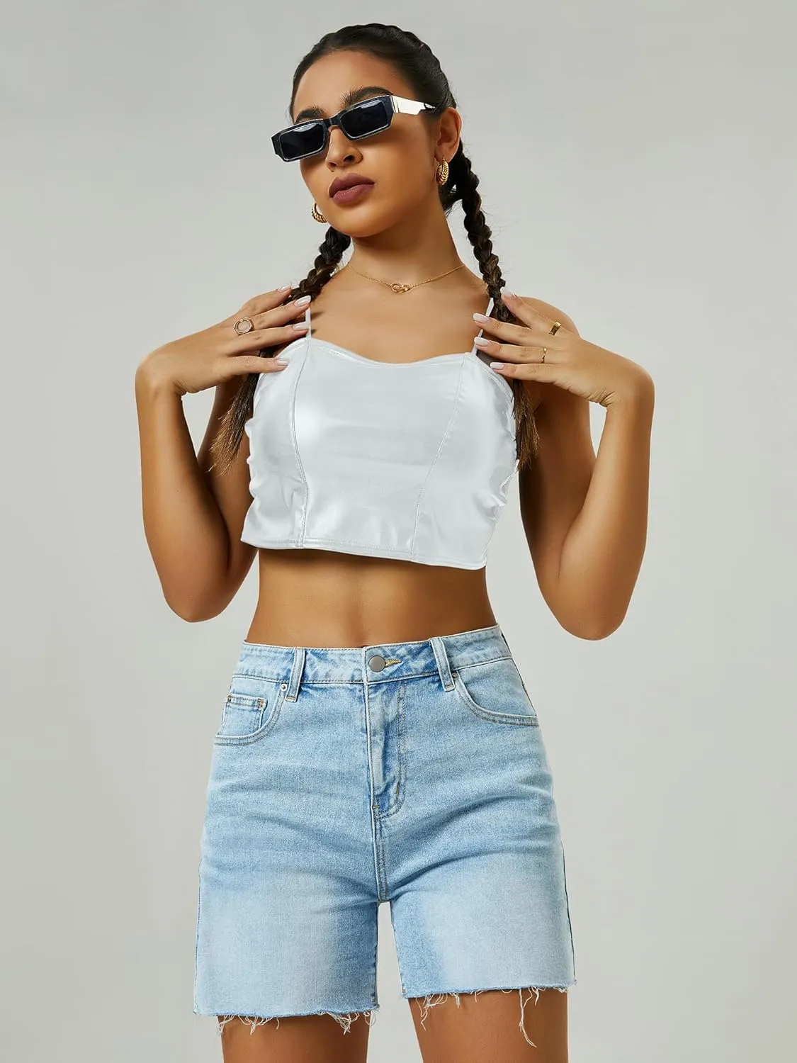 Womens Cargo Jean Shorts High Waisted Microelastic Straight Leg Long Denim Mom Shorts