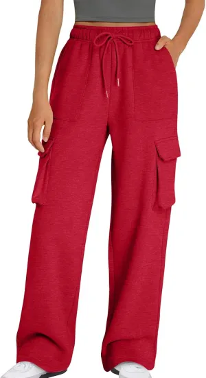 Womens Cargo Sweatpants Long Length Winter Pants for Women Baggy Casual High Waisted Wide Leg Pants with Pockets