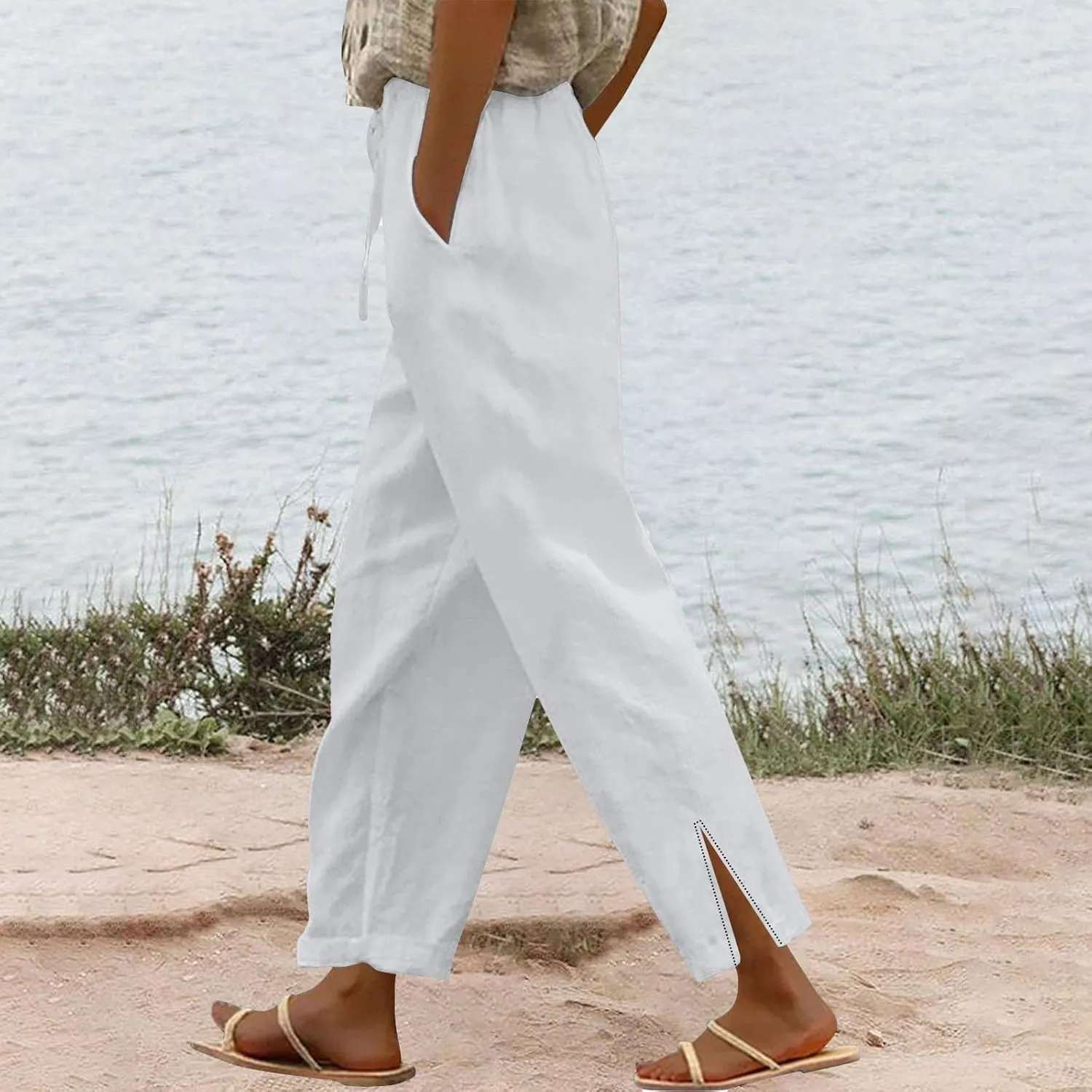 Womens Casual Cotton Linen Pants Lightweight Drawstring Elastic Waist Pants Beach Vacation Outfits