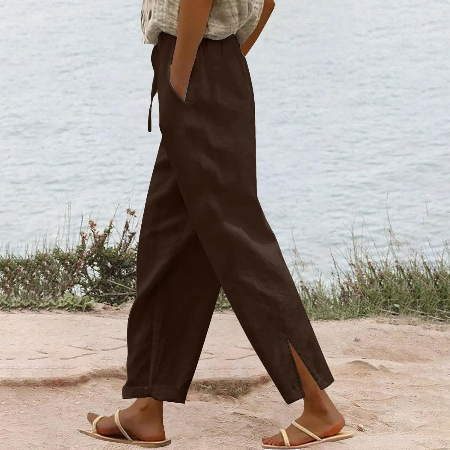 Womens Casual Cotton Linen Pants Lightweight Drawstring Elastic Waist Pants Beach Vacation Outfits