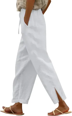 Womens Casual Cotton Linen Pants Lightweight Drawstring Elastic Waist Pants Beach Vacation Outfits