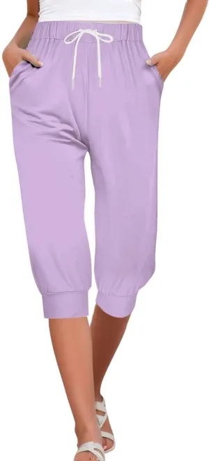 Women's Casual Elastic Waist Drawstring Pants Home Office Outdoor Stylish Ankle Trousers Slim Fit Cuffed Lounge Pants