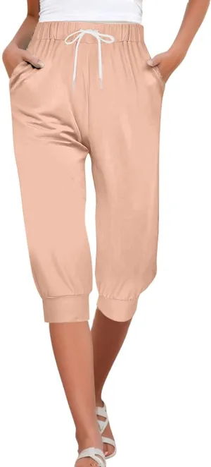 Women's Casual Elastic Waist Drawstring Pants Home Office Outdoor Stylish Ankle Trousers Slim Fit Cuffed Lounge Pants