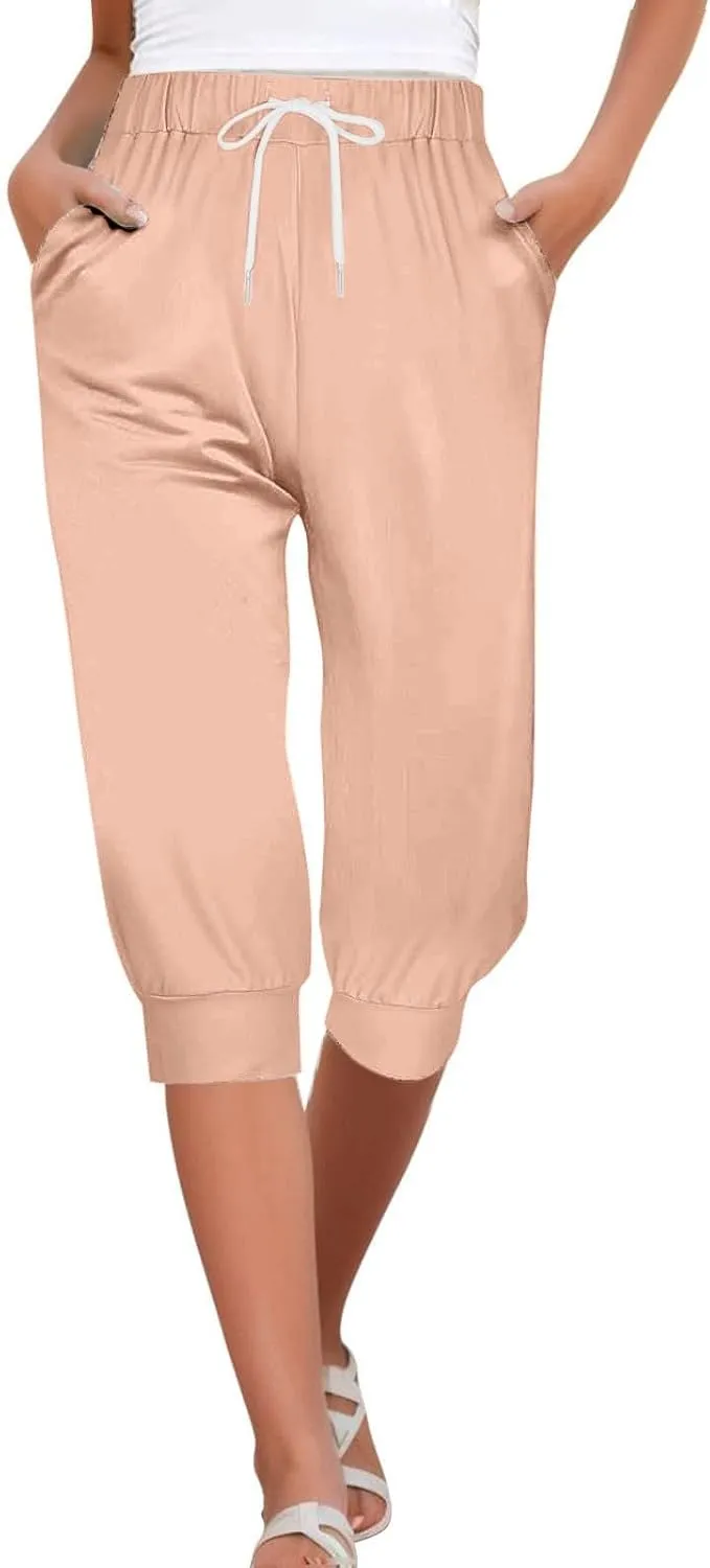 Women's Casual Elastic Waist Drawstring Pants Home Office Outdoor Stylish Ankle Trousers Slim Fit Cuffed Lounge Pants
