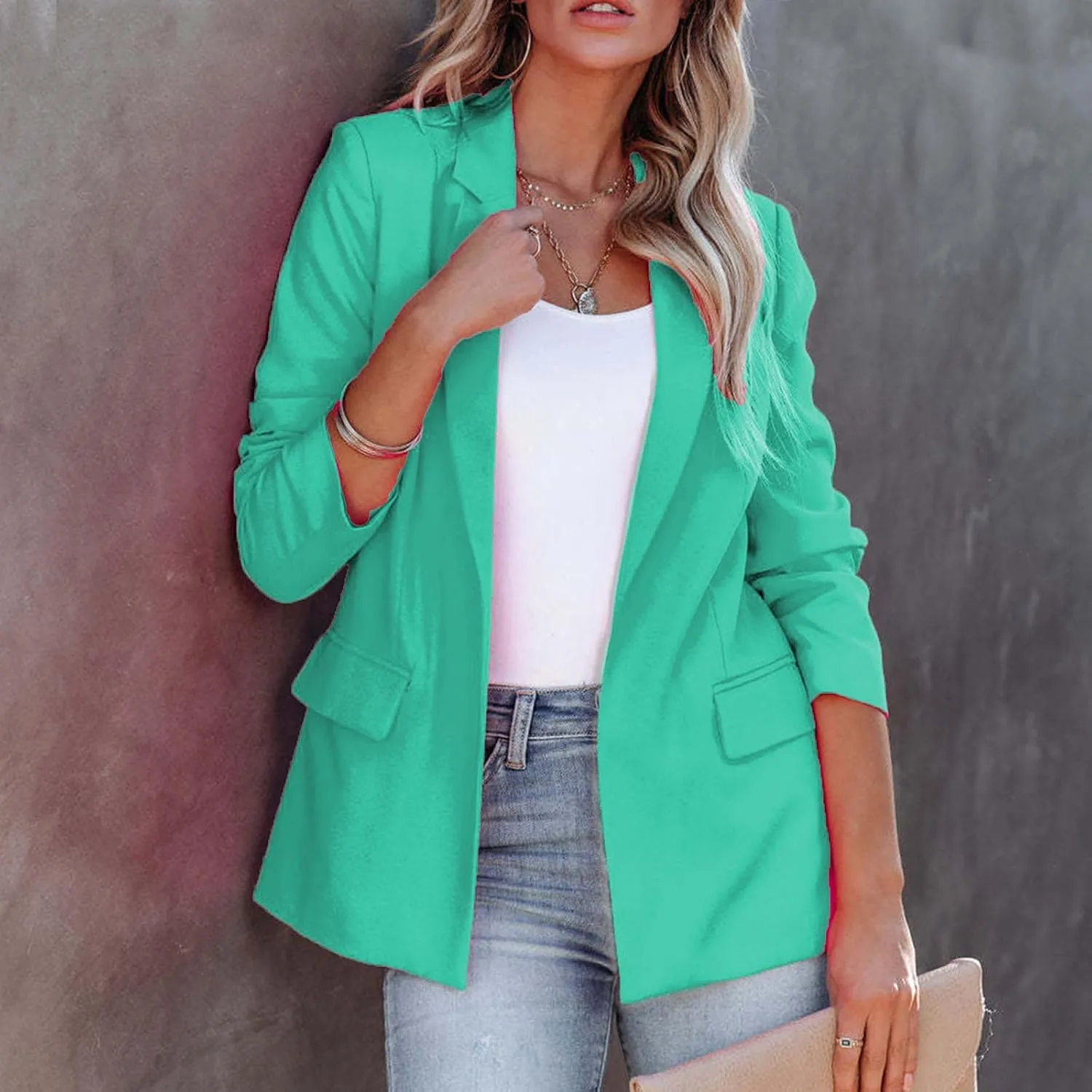 Women's Casual Open Front Blazers Long Sleeve Work Office Suit Jackets with Pockets Solid Color Business Coat