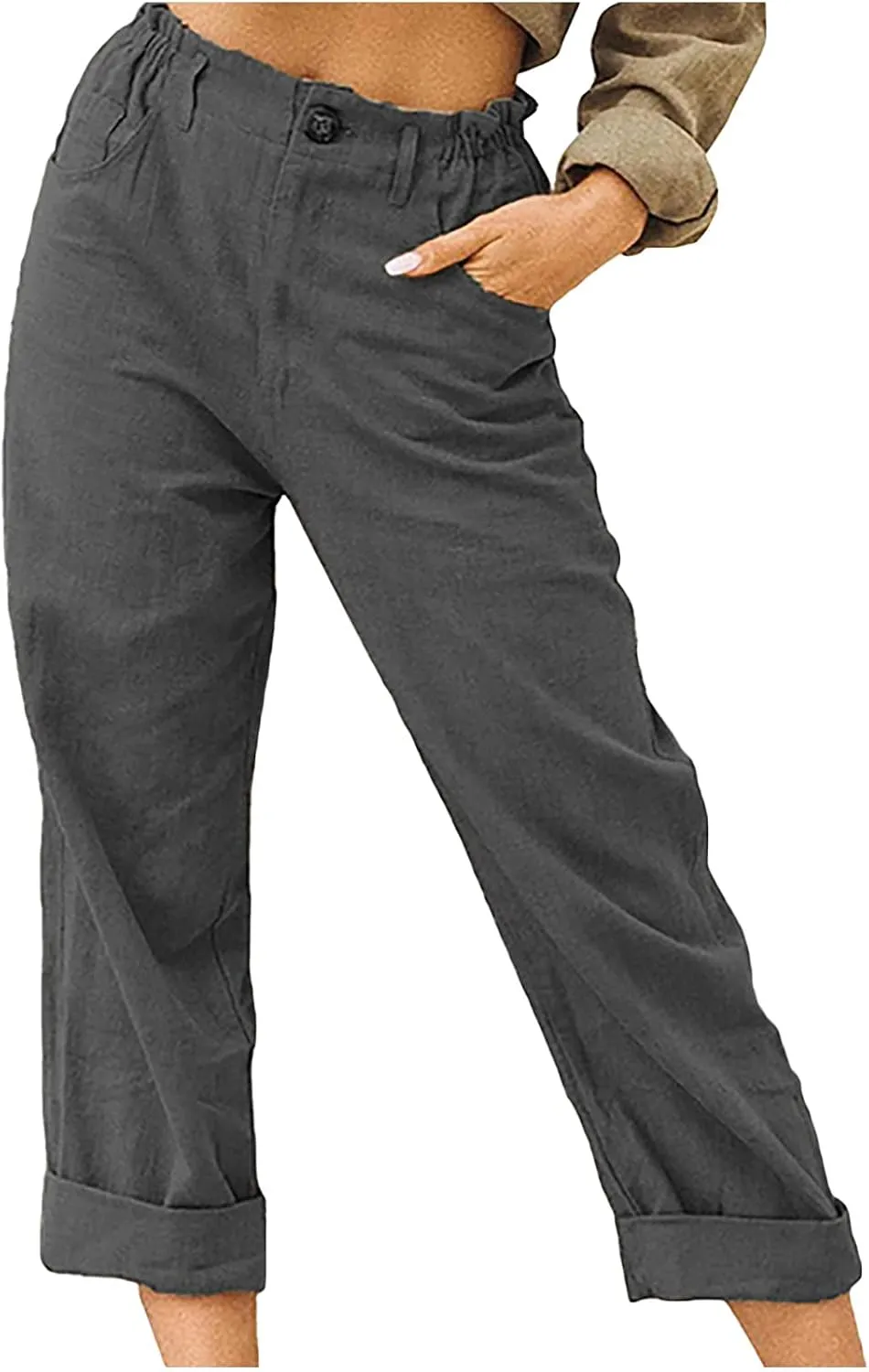 Womens Cotton Linen Pants High Waist Button Elastic Waist Pants Casual Wide Leg Leg Straight Trousers with Pockets