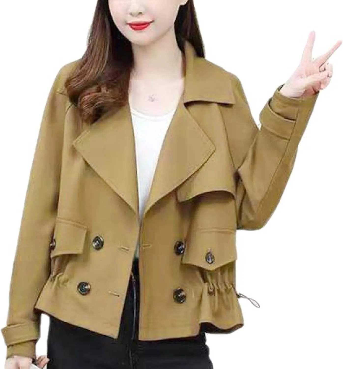Women's Cropped Trench Coat Casual Notch Lapel Double Breasted Pea Coats Solid Short Jacket Outerwear with Drawstring