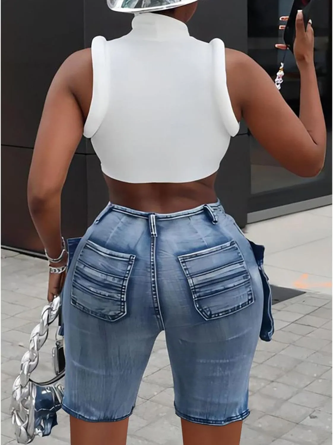 Women's Denim Shorts High Waisted Straight Leg Casual Cargo Jean Shorts with Pockets