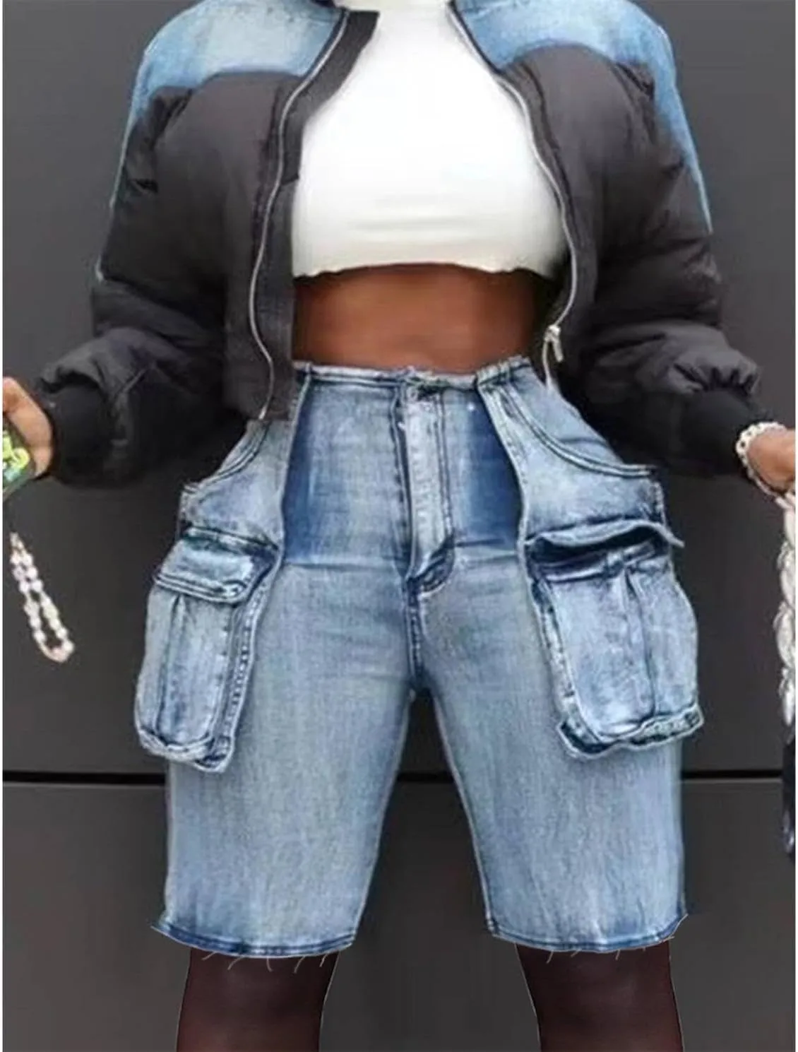Women's Denim Shorts High Waisted Straight Leg Casual Cargo Jean Shorts with Pockets