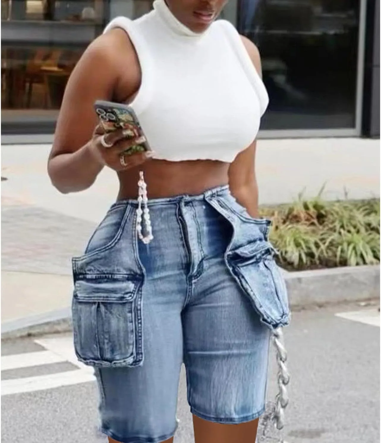 Women's Denim Shorts High Waisted Straight Leg Casual Cargo Jean Shorts with Pockets