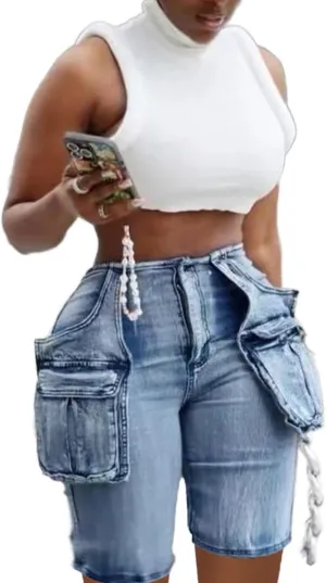 Women's Denim Shorts High Waisted Straight Leg Casual Cargo Jean Shorts with Pockets