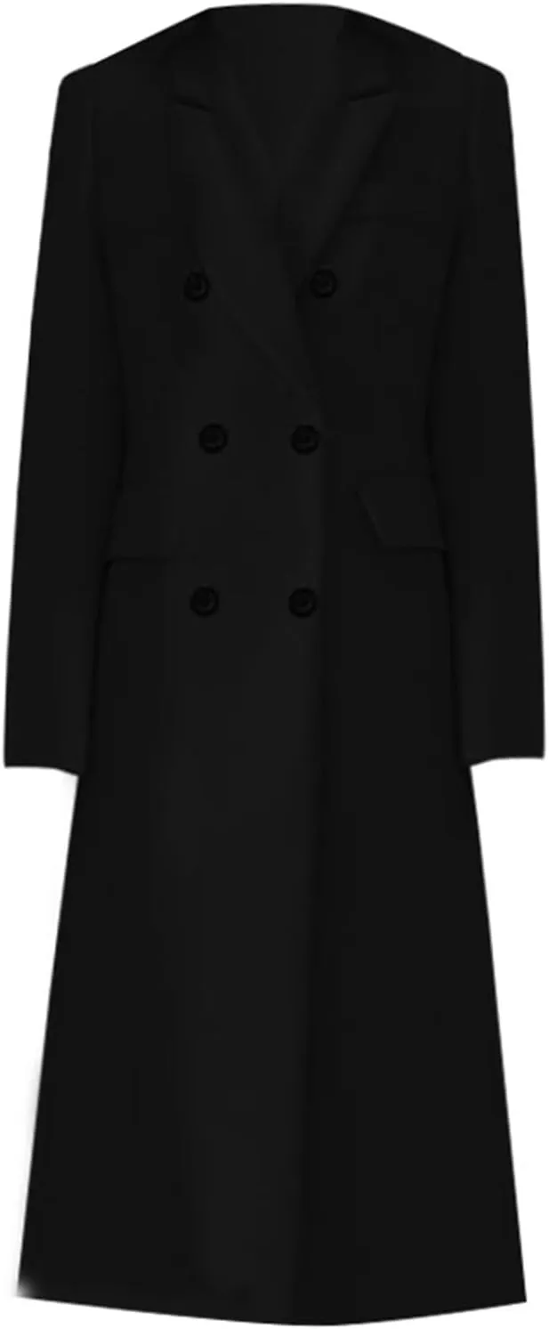 Women's Double Breasted 3/4 Long Trench Coat Elegant Windproof Lapel Belted Overcoat