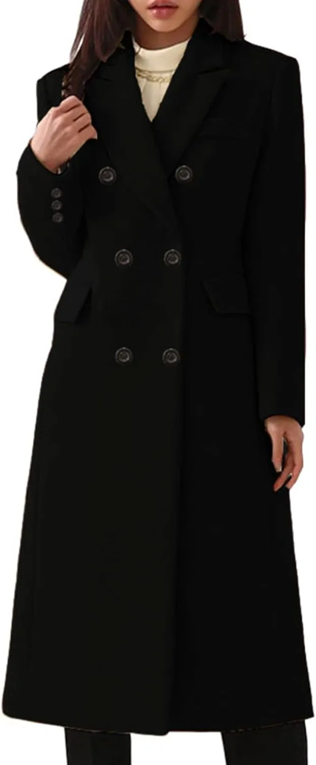Women's Double Breasted 3/4 Long Trench Coat Elegant Windproof Lapel Belted Overcoat