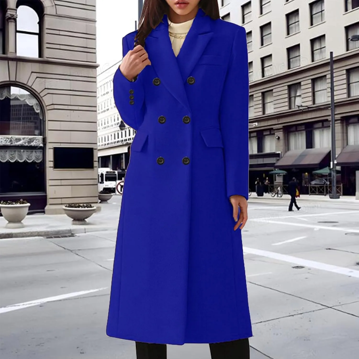 Women's Double Breasted 3/4 Long Trench Coat Elegant Windproof Lapel Belted Overcoat