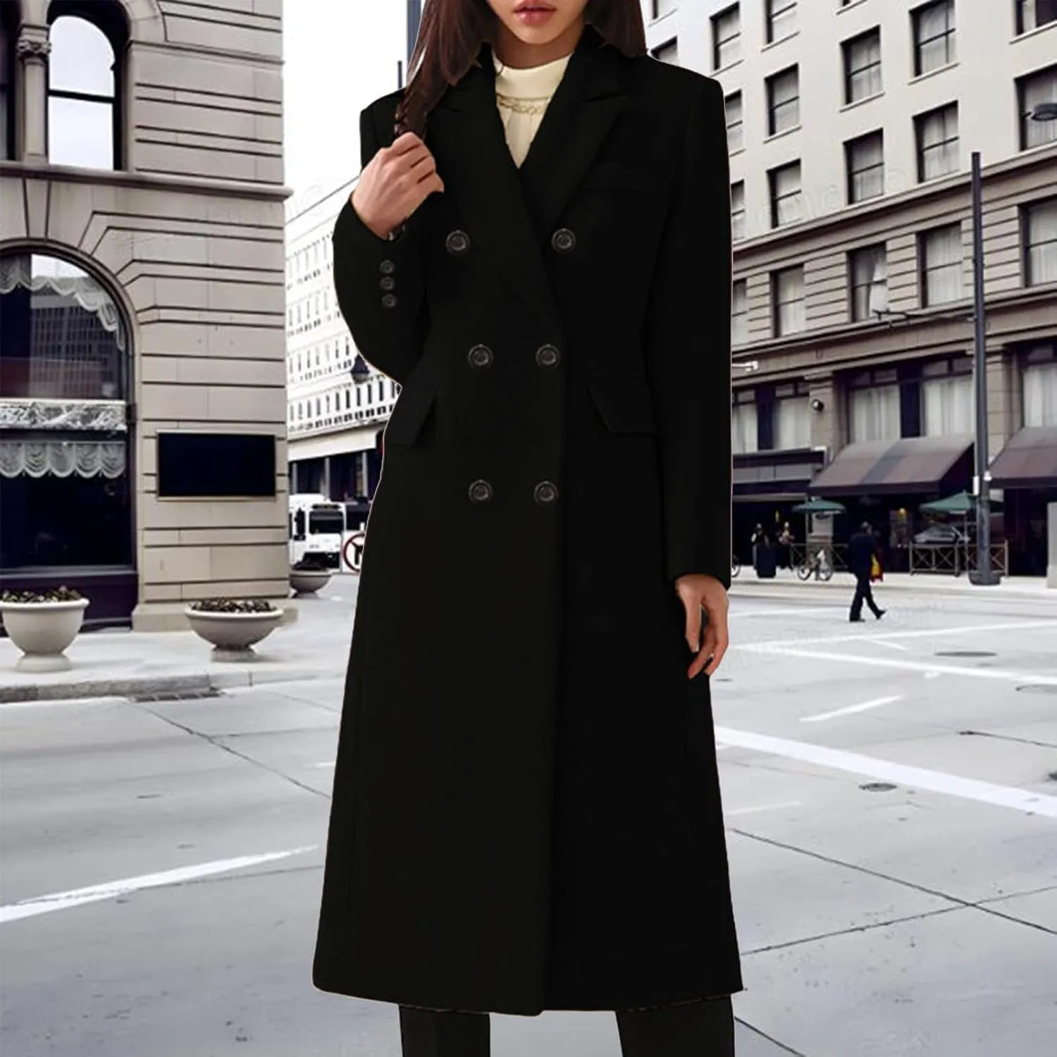 Women's Double Breasted 3/4 Long Trench Coat Elegant Windproof Lapel Belted Overcoat