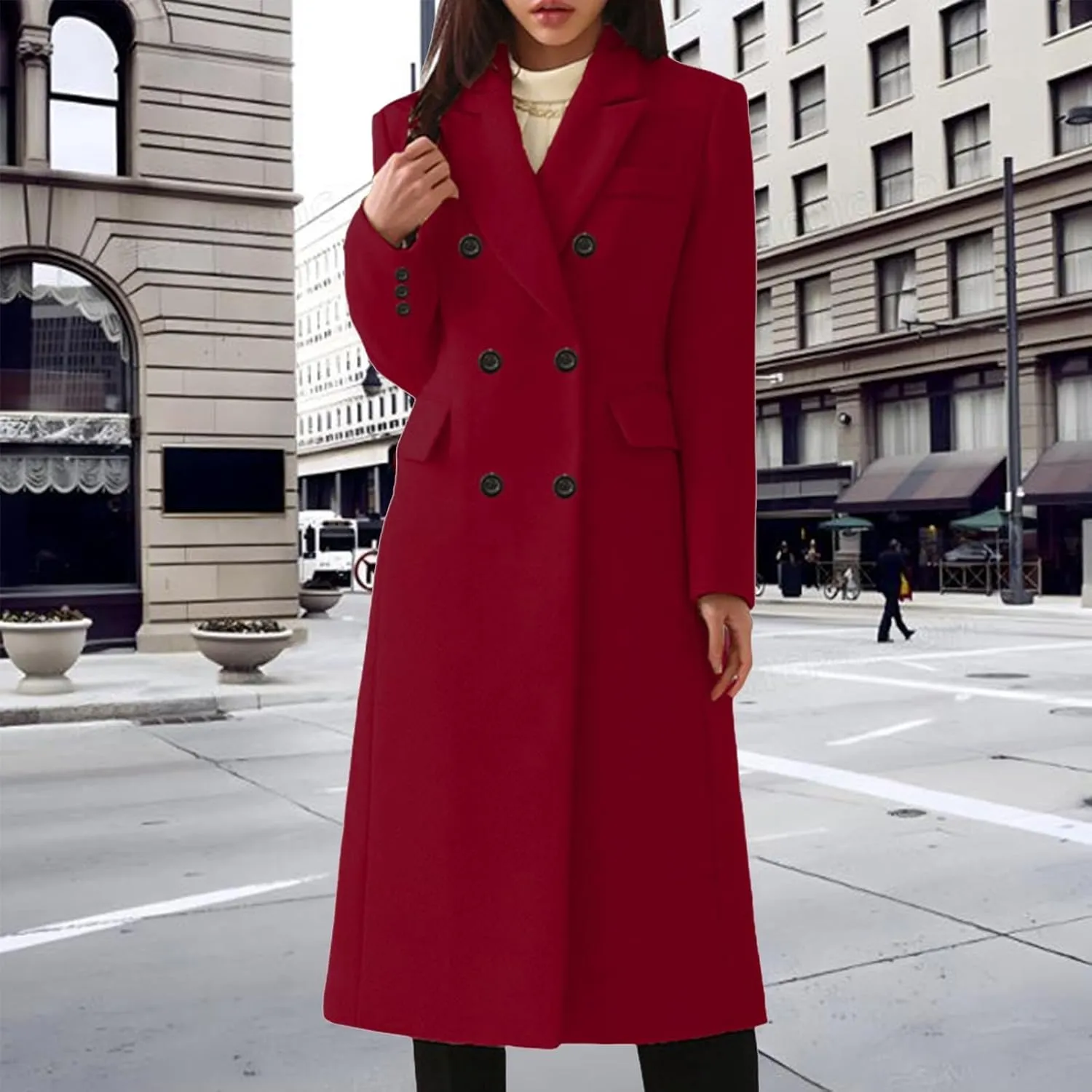 Women's Double Breasted 3/4 Long Trench Coat Elegant Windproof Lapel Belted Overcoat