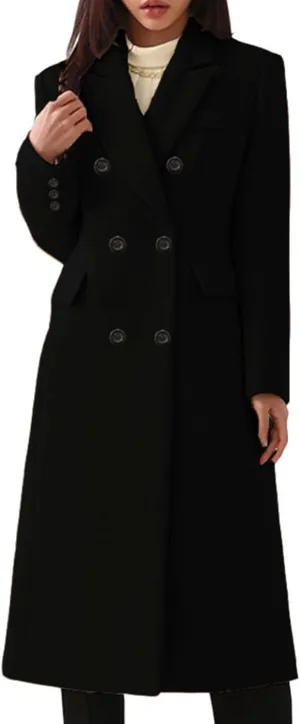 Women's Double Breasted 3/4 Long Trench Coat Elegant Windproof Lapel Belted Overcoat