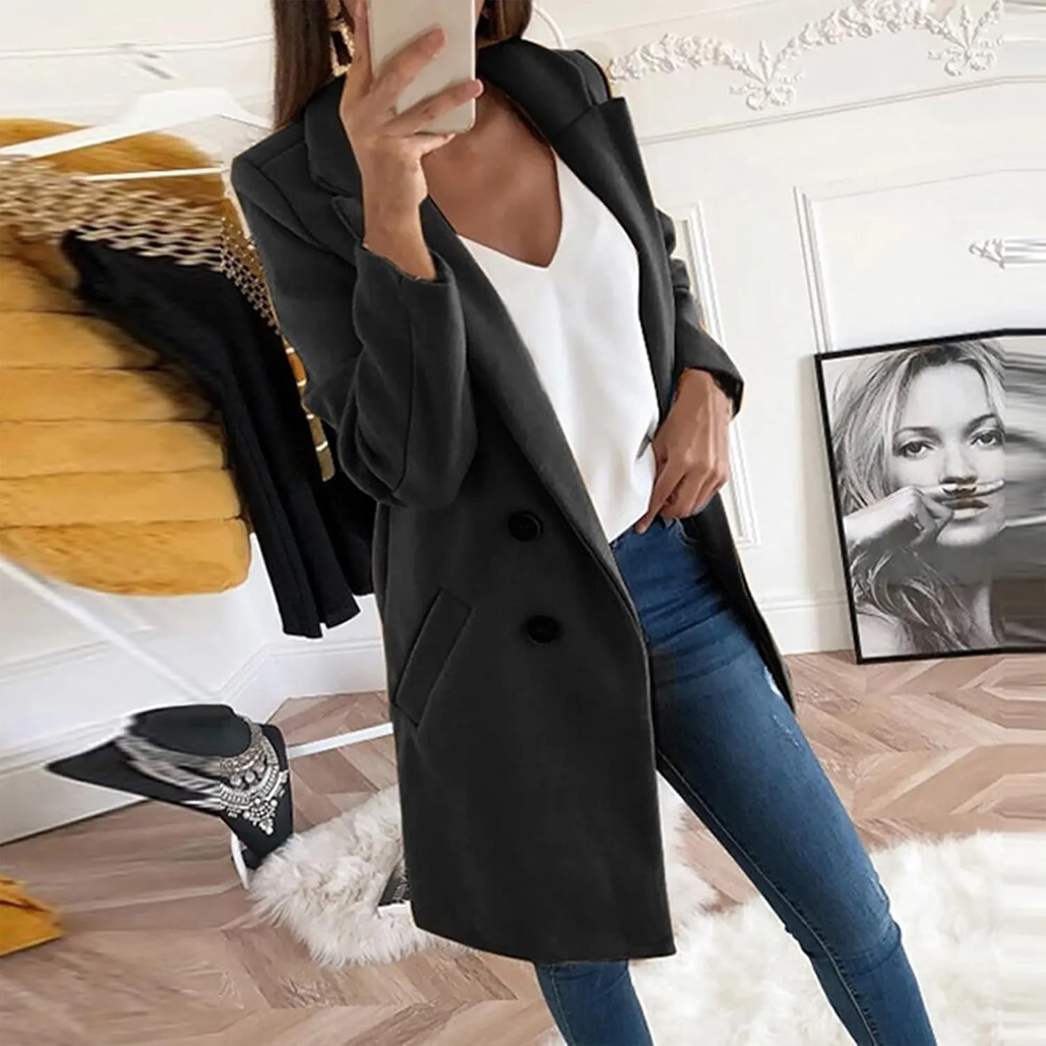 Womens Double Breasted Long Blazers Fall Lapel Suit Jackets Winter Warm Outwear Casual Work Office Cardigan Coats
