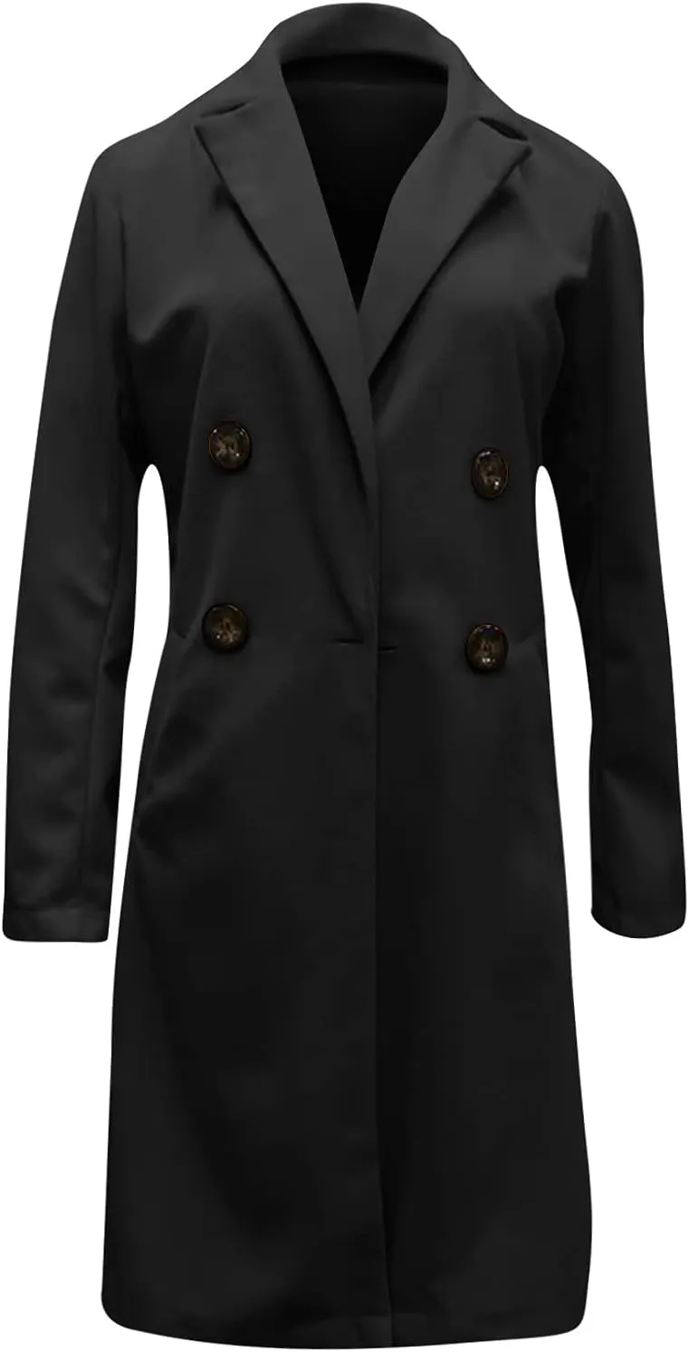 Womens Double Breasted Long Blazers Fall Lapel Suit Jackets Winter Warm Outwear Casual Work Office Cardigan Coats