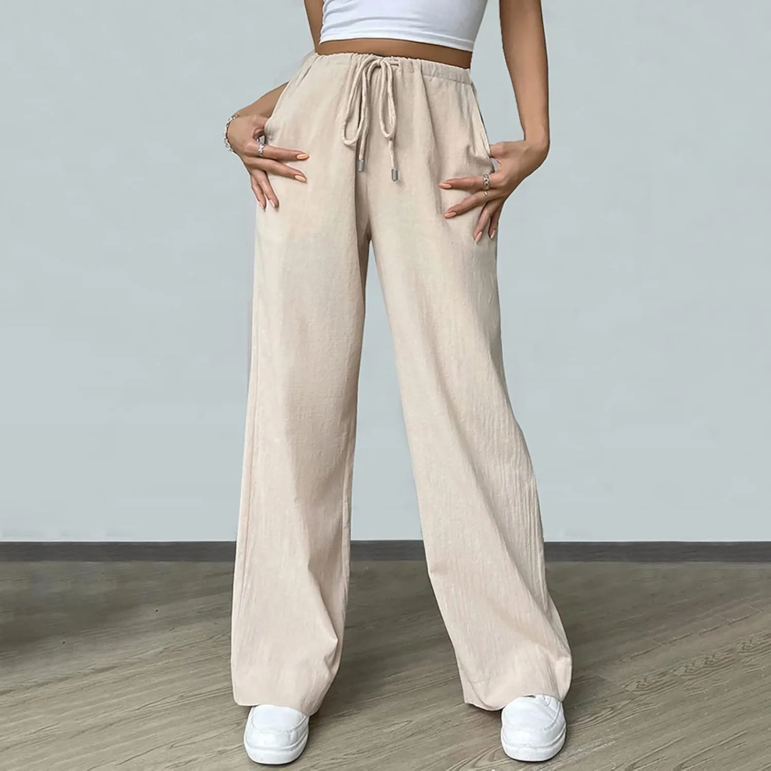 Women's Elastic High Waist Drawstring Trousers Solid Casual Straight Wide Leg Comfy Soft Loose Fittted Yoga Sweatpant