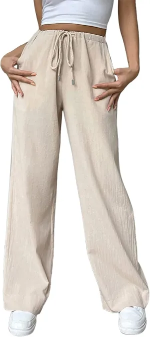Women's Elastic High Waist Drawstring Trousers Solid Casual Straight Wide Leg Comfy Soft Loose Fittted Yoga Sweatpant