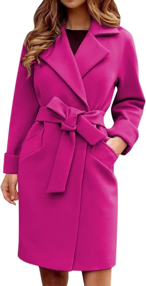 Women's Elegant Wool Blend Trench Coat Winter Outcoat Mid-Long Windproof Lapel Slim Pea Coats