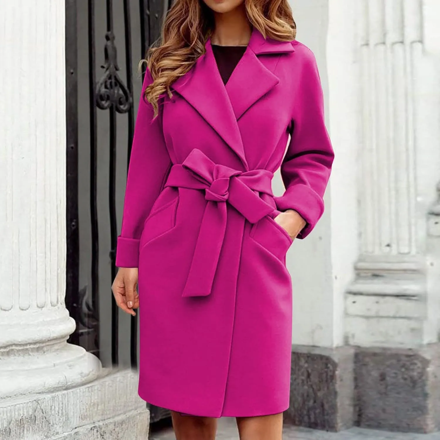 Women's Elegant Wool Blend Trench Coat Winter Outcoat Mid-Long Windproof Lapel Slim Pea Coats