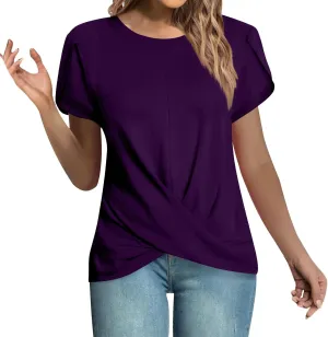 Women's Fashion Crossed Hem Tops Summer Solid Color Short Sleeve Crewneck Shirts Casual Comfy Loose Ventilate Top