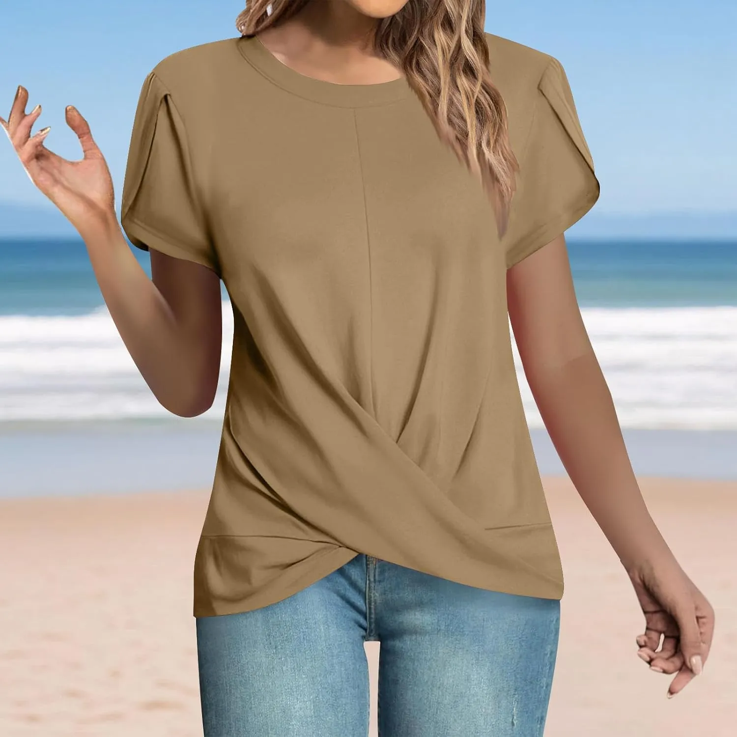 Women's Fashion Crossed Hem Tops Summer Solid Color Short Sleeve Crewneck Shirts Casual Comfy Loose Ventilate Top