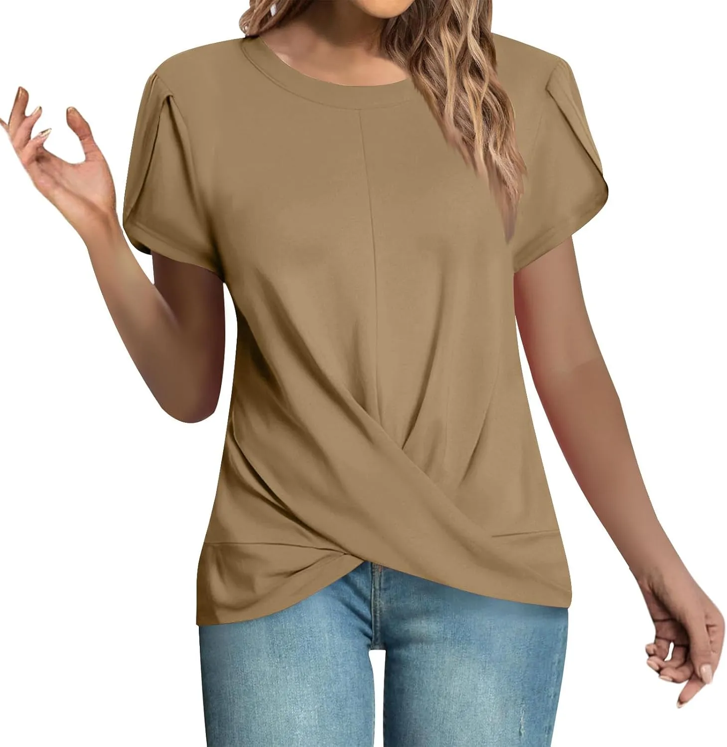 Women's Fashion Crossed Hem Tops Summer Solid Color Short Sleeve Crewneck Shirts Casual Comfy Loose Ventilate Top