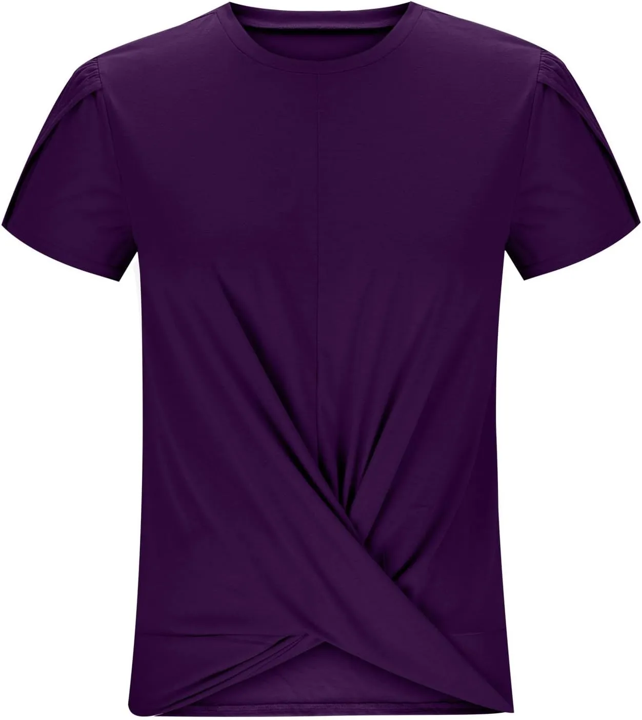 Women's Fashion Crossed Hem Tops Summer Solid Color Short Sleeve Crewneck Shirts Casual Comfy Loose Ventilate Top