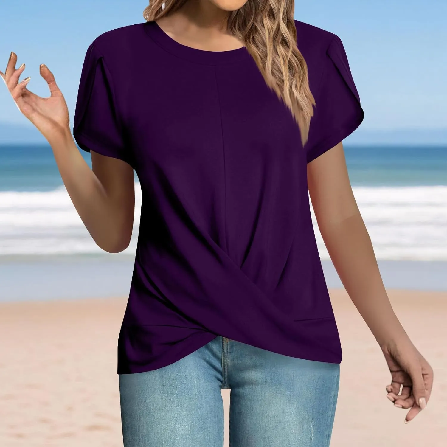 Women's Fashion Crossed Hem Tops Summer Solid Color Short Sleeve Crewneck Shirts Casual Comfy Loose Ventilate Top