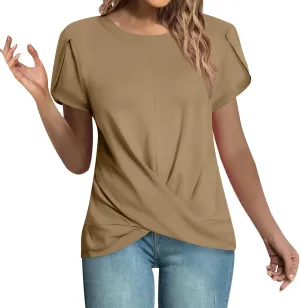 Women's Fashion Crossed Hem Tops Summer Solid Color Short Sleeve Crewneck Shirts Casual Comfy Loose Ventilate Top